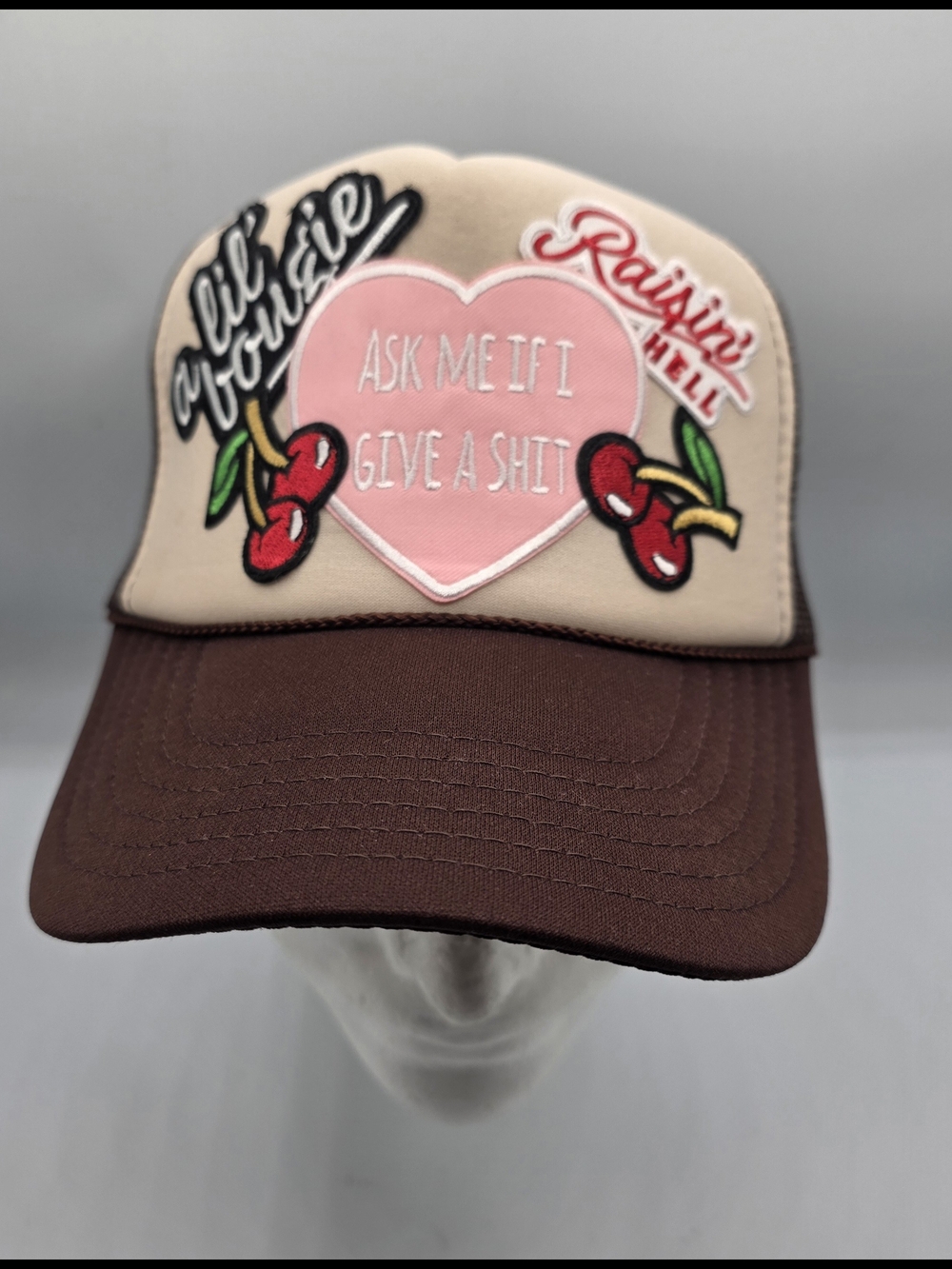 Raisin Hell Graphic Patch Trucker Hat - Pink Heart & Cherries